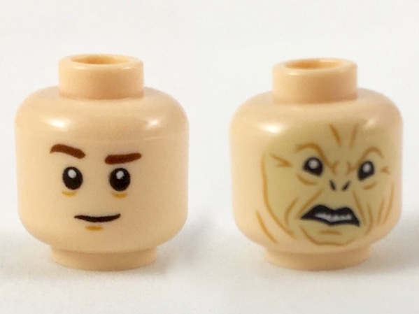 Minifigure, Head Dual Sided Reddish Brown Eyebrows (Quirrell) / Crooked Tan Face with Dark Orange Contours (Voldemort) Pattern