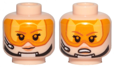 Minifigure, Head Dual Sided Female Brown Eyebrows, Orange Visor, Chin Strap, Headset, Smile / Angry Pattern