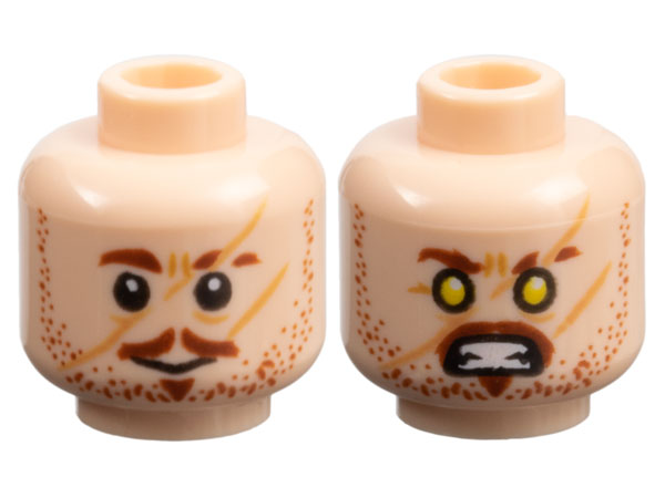 Minifigure, Head Dual Sided Male Reddish Brown Eyebrows, Moustache, Soul Patch, and Stubble, Medium Nougat Scars, Grin / Yellow Eyes and Bared Teeth Pattern