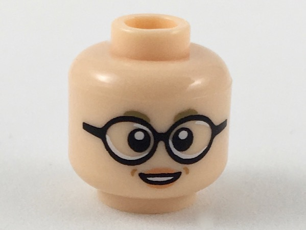 Minifigure, Head Female Dark Tan Eyebrows, Large Black Round Glasses, Nougat Lips Pattern