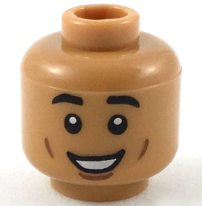 Minifigure, Head Black Eyebrows Raised, Reddish Brown Small Cheek Lines and Wide Chin Dimple, Open Mouth Smile with Teeth Pattern