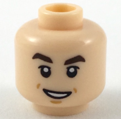 Minifigure, Head Dark Brown Thick Angled Eyebrows, Upper Eyelids, Medium Nougat Dimples and Chin Dimple, Lopsided Open Mouth Smile with Teeth Pattern
