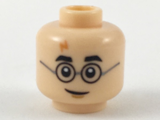Minifigure, Head Black Thick Eyebrows, Round Glasses with Dark Silver Temples, Nougat Lightning Bolt Scar, Medium Nougat Chin Dimple, Lopsided Grin Pattern