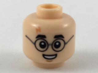 Minifigure, Head Medium Nougat Lightning Scar, Black Eyebrows and Glasses, Small Smile Showing Teeth Pattern