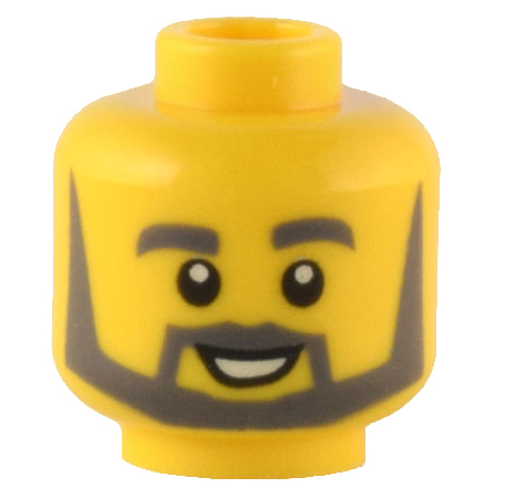Minifigure, Head Dark Bluish Gray Thick Eyebrows, Angular Beard and Thin Pointed Sideburns, Open Mouth Smile with White Teeth Pattern