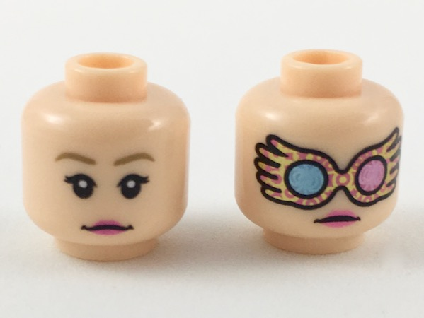 Minifigure, Head Dual Sided Female Dark Tan Eyebrows, Dark Pink Lips, Neutral / Gold and Dark Pink Spectrespecs Pattern