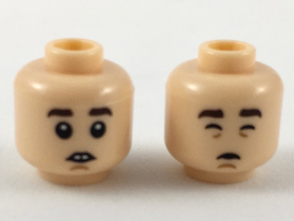 Minifigure, Head Dual Sided Child Dark Brown Eyebrows, Medium Nougat Chin Dimple, Neutral Open Mouth with Buck Teeth / Sleeping with Eyebrows Straight Pattern