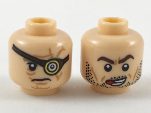 Minifigure, Head Dual Sided HP Mad-Eye Moody with Magic Eye, Reddish Brown Eye Patch, Dark Orange Scars, Closed Mouth / Barty Crouch Jr, Dark Brown Eyebrows, Black Stubble, Red Tongue Licking Lips Pattern