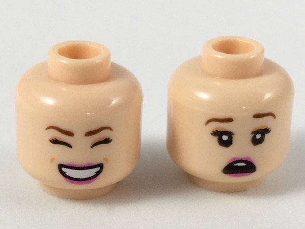 Minifigure, Head Dual Sided Female Reddish Brown Eyebrows, Peach Eye Shadow, Magenta Lips, Smile with Closed Eyes/Scared Pattern