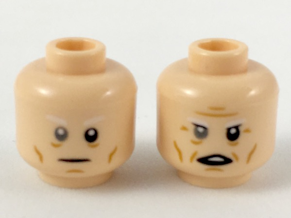 Minifigure, Head Dual Sided White Eyebrows, Gray Right Eye, Neutral / Furrowed Brow and Open Mouth Pattern