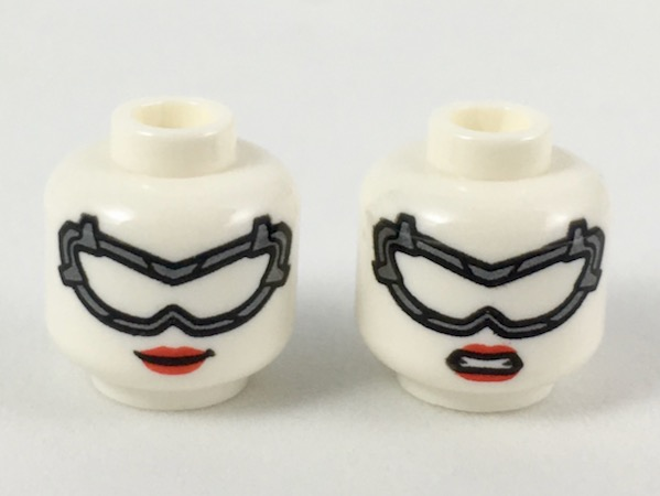 Minifigure, Head Dual Sided Female Dark Silver Goggles with Black Outlines, Red Lips, Smile / Gritted Teeth Pattern