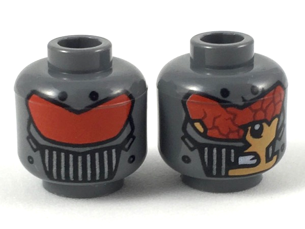 Minifigure, Head Dual Sided Alien with Red Visor, Silver Grate, Unbroken / Broken with Nougat Face Showing Pattern