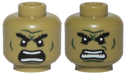 Minifigure, Head Dual Sided Alien with Black Bushy Eyebrows, Lower Eyelids, Dark Green Cheek Lines, Chin Crease, and Wrinkles, Furrowed Brow, Angry Open Mouth with Teeth Parted / Bared Teeth Pattern