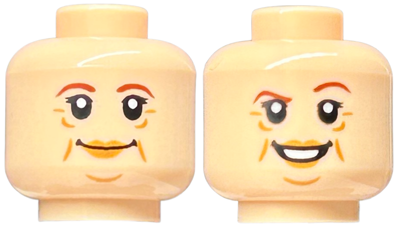 Minifigure, Head Dual Sided Female Reddish Brown Eyebrows, Medium Nougat Lips, Wrinkles, Grin / Smile with Raised Eyebrow Pattern