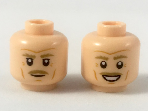 Minifigure, Head Dual Sided Dark Tan Eyebrows and Moustache, Dark Orange Brow Furrow, Crow's Feet, Cheek Lines, Neutral / Smile Pattern