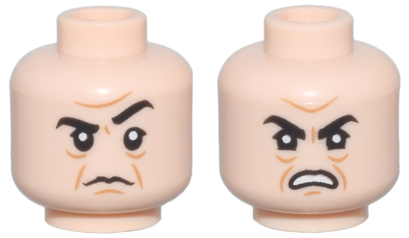 Minifigure, Head Dual Sided Black Eyebrows, Upper Eyelids, Medium Nougat Jowl Lines, Chin Dimple and Wrinkles, Furrowed Brow, Stern with Raised Eyebrow Left / Angry Open Mouth Scowl with Teeth Pattern