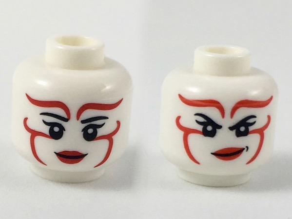 Minifigure, Head Dual Sided Female Black Eyebrows, Single Eyelashes, Red Markings and Lips, Grin / Angry Scowl with Dimple Pattern