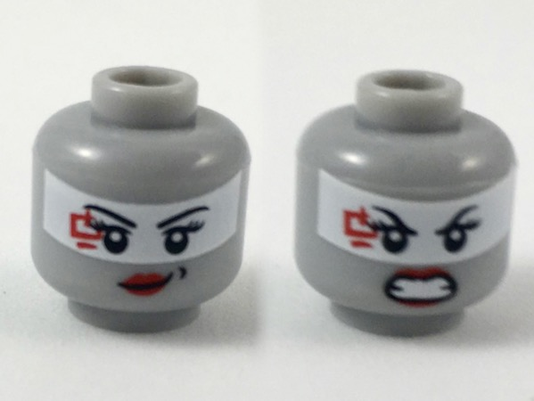 Minifigure, Head Dual Sided Female Black Eyebrows, Eyelashes, White Band Across Eyes, Red Lips and Ninjago Logogram Letter H, Lopsided Grin with Dimple / Angry Bared Teeth Pattern