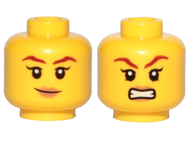 Minifigure, Head Dual Sided Female Brown Eyebrows, Peach Lips, Smile / Angry Pattern (Skylor)