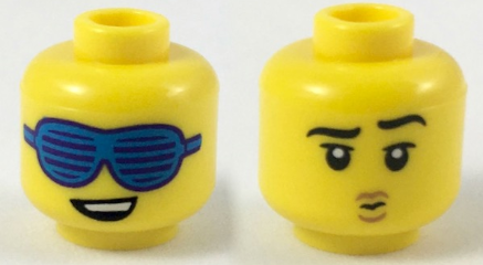 Minifigure, Head Dual Sided Slotted Blue Sunglasses, Lopsided Open Mouth Smile with Top Teeth / Black Eyebrows, Left Raised, Upper Eyelids, Pursed Medium Nougat Lips Pattern