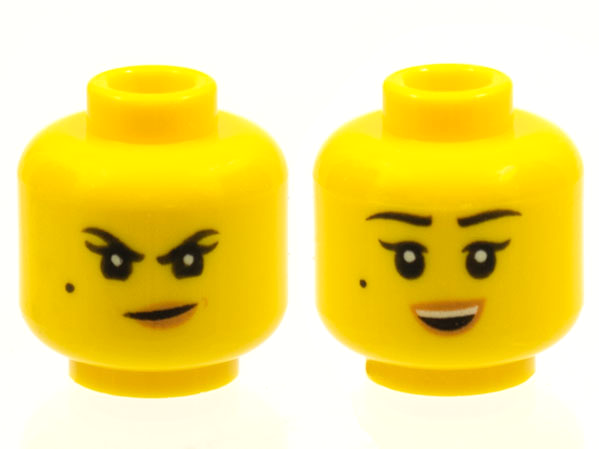Minifigure, Head Dual Sided Female Black Eyebrows, Single Eyelashes, and Beauty Mark, Nougat Lips, Smirk with Dimple / Open Mouth Smile with Top Teeth Pattern