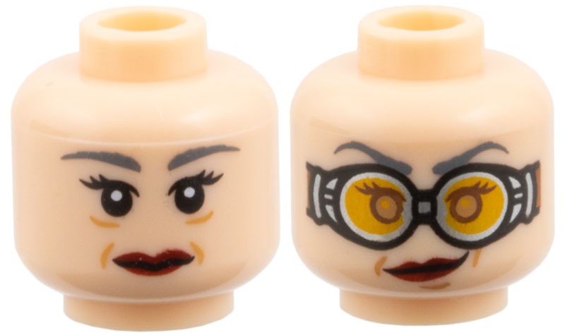 Minifigure, Head Dual Sided Female Dark Bluish Gray Long Eyebrows, Eyelashes, Medium Nougat Dimples, Dark Red Lips, Neutral / Smirk, Chin Dimple, Silver Goggles with Bright Light Orange Lenses and Reddish Brown Strap, Medium Nougat Eyes Pattern