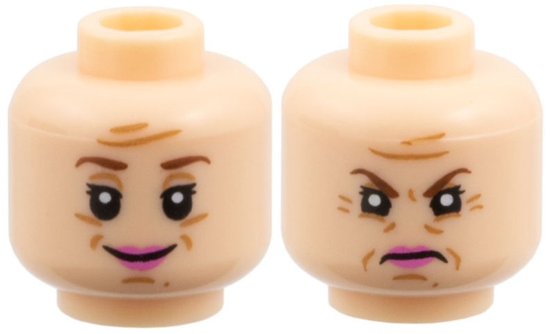 Minifigure, Head Dual Sided Female Reddish Brown Eyebrows, Black Double Eyelashes, Medium Nougat Dimples, Chin Dimple, Forehead Creases and Wrinkles, Dark Pink Lips, Grin / Angry Frown Pattern