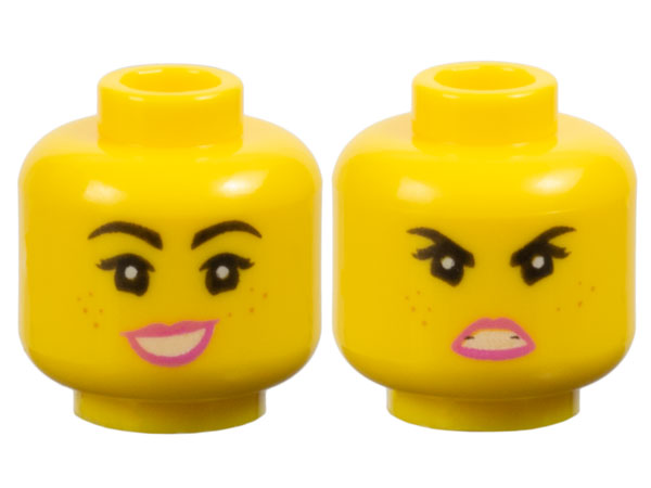 Minifigure, Head Dual Sided Female Black Eyebrows, Eyelashes, Freckles, Dark Pink Lips, Lopsided Open Mouth Smile Large with Teeth / Angry Pattern