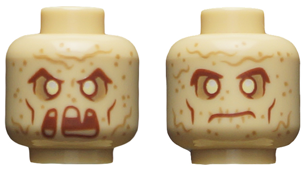 Minifigure, Head Dual Sided Reddish Brown Eyebrows, Cheek Lines, Mouth, Medium Nougat Spots, Neutral / Fierce Pattern