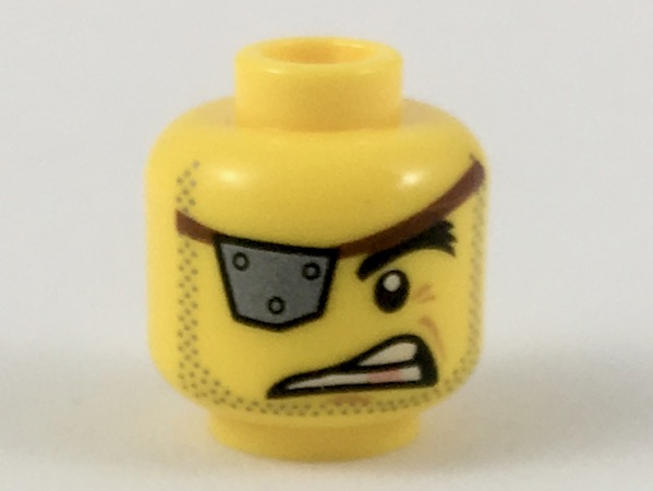 Minifigure, Head Male Silver Eye Patch with Rivets, Raised Eyebrow, Copper Tooth, Stubble Pattern (MetalBeard)