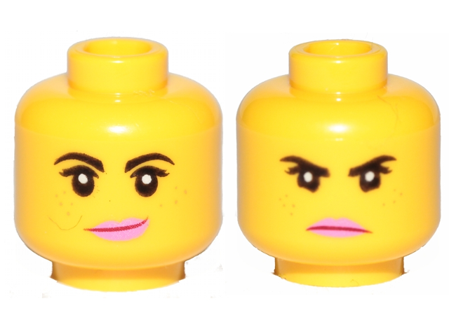 Minifigure, Head Dual Sided Female Black Eyebrows, Eyelashes, Medium Nougat Freckles, Dark Pink Lips, Lopsided Smile / Angry Pattern