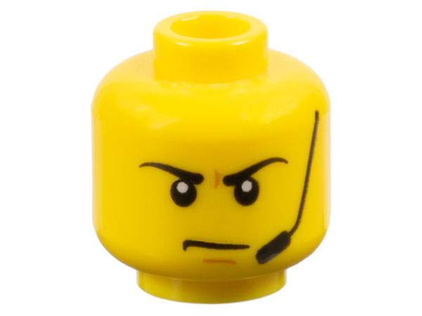 Minifigure, Head Black Eyebrows and Headset, Medium Nougat Chin Dimple, Furrowed Brow, Angry Frown Pattern