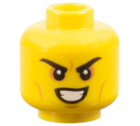 Minifigure, Head Black Eyebrows, Nougat Eye Shadow, Medium Nougat Cheek Lines and Chin Dimple, Evil Open Mouth Smile with Teeth Pattern