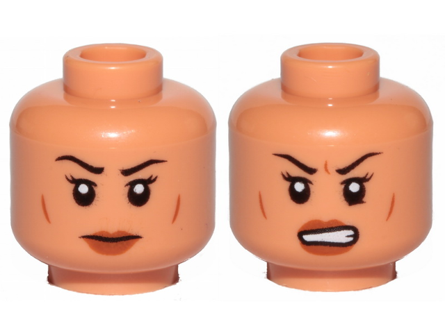 Minifigure, Head Dual Sided Female, Black Eyebrows, Dark Orange Lips, Lines on Cheeks, Neutral / Angry Pattern