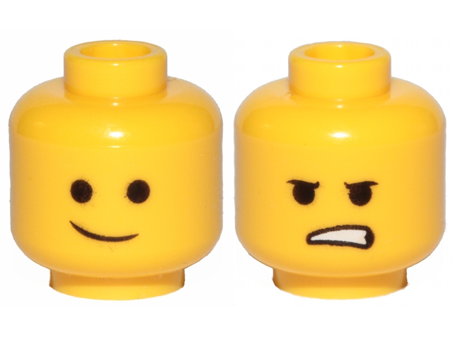 Minifigure, Head Dual Sided Lopsided Smile / Angry Pattern (Emmet)