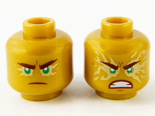 Minifigure, Head Dual Sided Reddish Brown Eyebrows and Mouth, Green Eyes with Gold Energy Effect, Frown / Fierce Outburst Pattern