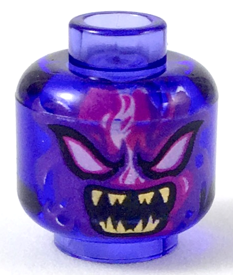 Minifigure, Head Alien with White Eyes, Dark Purple and Magenta Flames, and Open Mouth with Sharp Gold Teeth Pattern