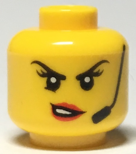Minifigure, Head Female Black Eyebrows, Headset, Red Lips with Open Mouth, Crooked Smile / Scowl Pattern