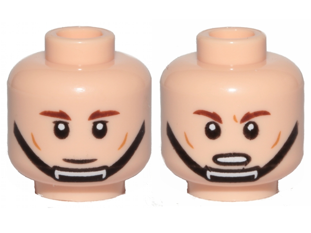 Minifigure, Head Dual Sided Reddish Brown Eyebrows, Cheek Lines, Black Chin Strap, Neutral Closed Mouth / Frown Open Mouth with Teeth Pattern