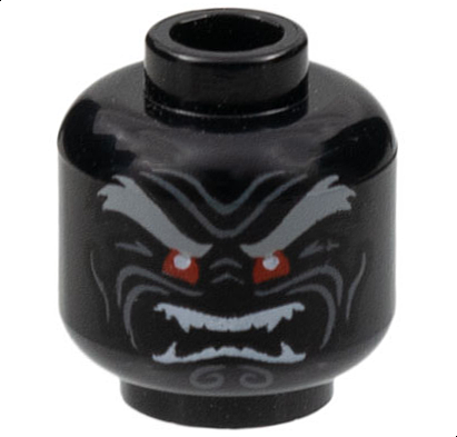 Minifigure, Head Light Bluish Gray Bushy Eyebrows, Red Eyes, Dark Bluish Gray Wrinkles, Furrowed Brow, Angry Open Mouth with White Sharp Teeth Parted Pattern