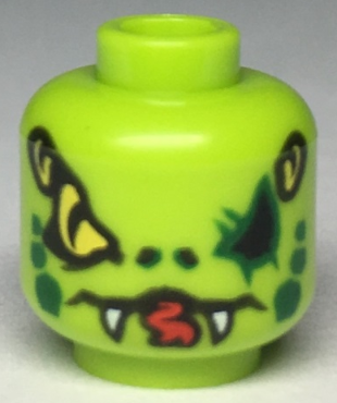Minifigure, Head Alien with Yellow Snake Eyes and Mouth with Fangs, Dark Green Scales on Cheeks Pattern
