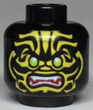 Minifigure, Head Alien with Lime Eyes, White Fangs, Yellow Face Decorations and Dark Red Mouth Pattern