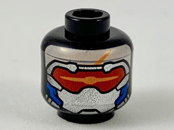 Minifigure, Head Silver Mask, Red Visor with Bright Light Orange Highlight, Blue Cheek Panels Pattern