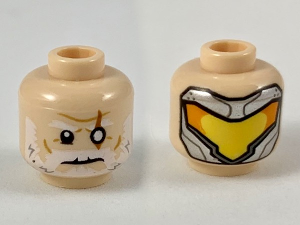 Minifigure, Head Dual Sided White Eyebrows and Beard, White Left Eye with Slash Scar / Silver Mask with Yellow and Orange Visor Pattern