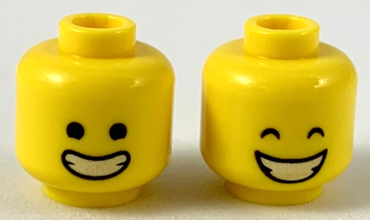 Minifigure, Head Dual Sided Wide Smile with Closed Teeth, Black Eyes / Closed Eyes Pattern