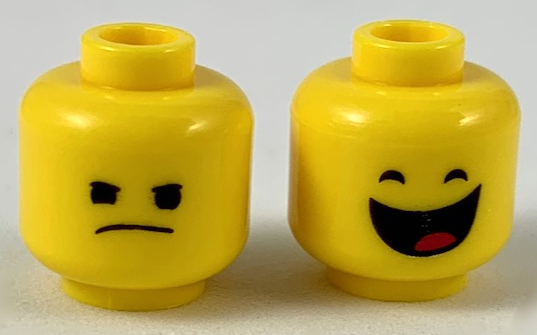 Minifigure, Head Dual Sided Angry Scowl / Closed Eyes and Large Open Mouth Smile with Red Tongue Pattern