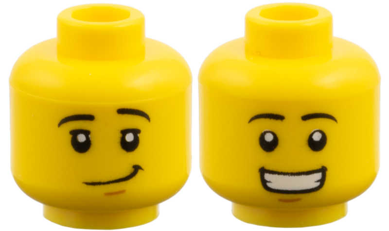 Minifigure, Head Dual Sided Black Eyebrows, Medium Nougat Chin Dimple, Lopsided Grin / Open Mouth Smile with Teeth Pattern