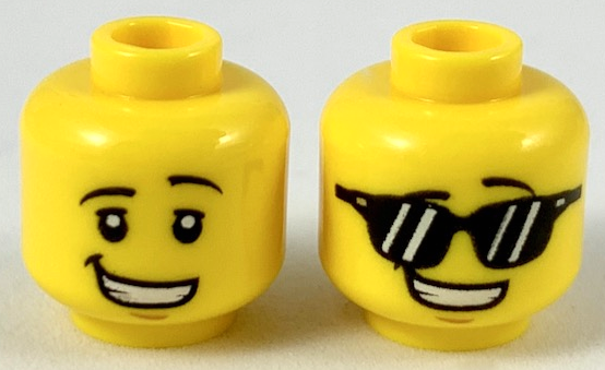 Minifigure, Head Dual Sided Black Eyebrows Left Raised, Lopsided Smile, Black Eyes / Sunglasses Pattern