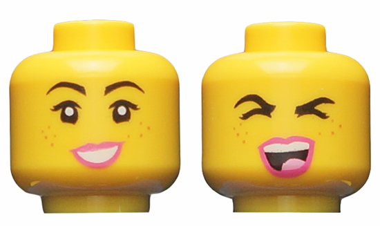 Minifigure, Head Dual Sided Female, Black Eyebrows, Freckles, Dark Pink Lips, Smile / Singing with Eyes Closed Pattern