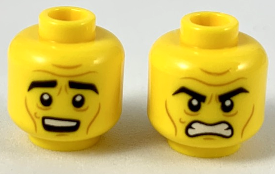 Minifigure, Head Dual Sided Black Thick Eyebrows, Medium Nougat Brow Furrows and Cheek Lines, Surprised / Angry Pattern